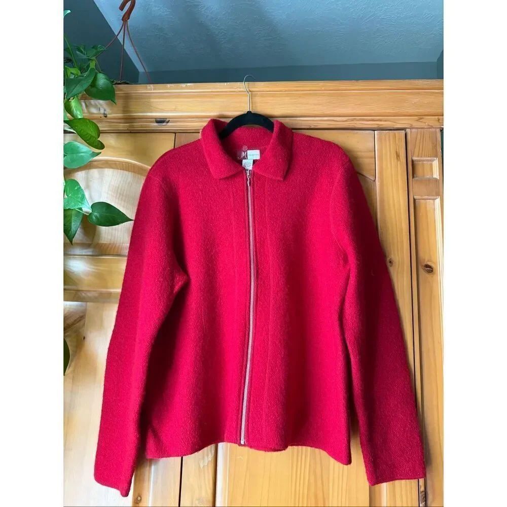JM Collection Red Wool Sweater Jacket L Zip Front Classic Style